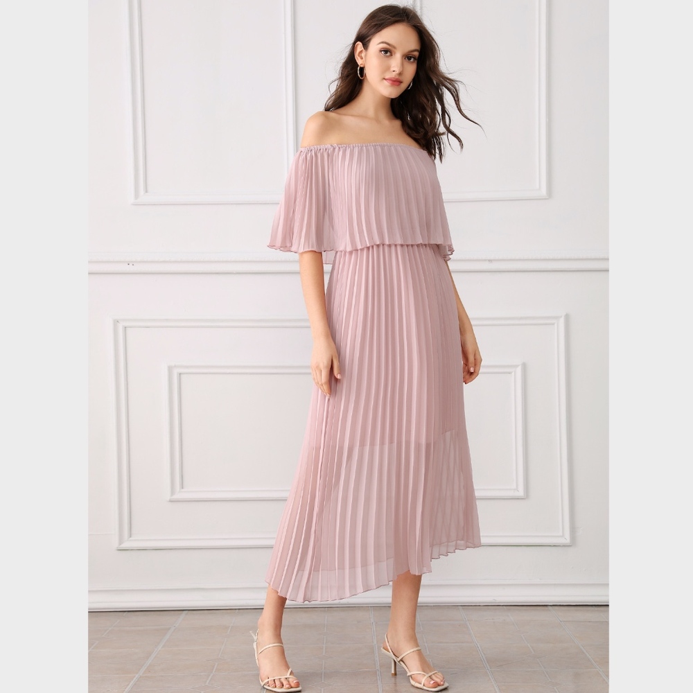 Off Shoulder Pleated Pastel Pink Dress - Picture 4 of 7